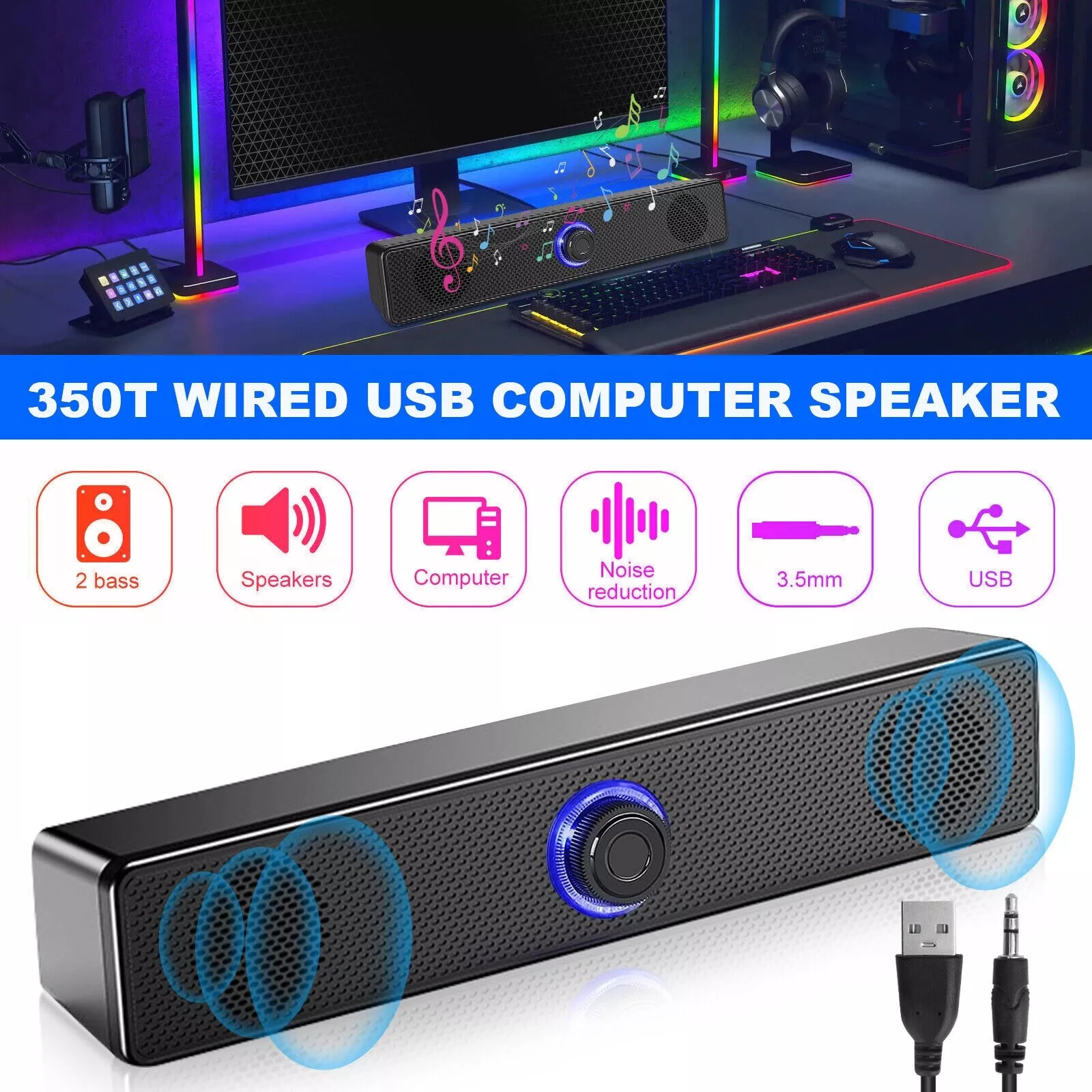 Stereo Bass Sound Computer Speakers 3.5mm USB Wired Soundbar for Desktop Laptop - Image 5